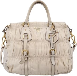 Prada Gaufre Convertible Satchel Nappa Leather Beige Leather Handbag (Pre-Owned)