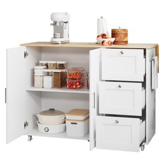 STILVORA Carro De Cocina Con 2 Puertas, 3 Cajones, Encimera Abatible, Toallero Y 5 Ruedas, En Mdf, 135x70x90 Cm