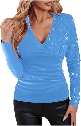 Generic Sequin Tops for Women Uk Sparkly Velvet Long Sleeve V Neck Blouses Shiny Loose Casual Jumpers Tunic Tee Ladies Elegant Party Club Dressy T Shirt Sweat