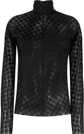 Forte_Forte Damier Lace Shirt - Dames - Coltruien - Zwart - M - Truien & Vesten