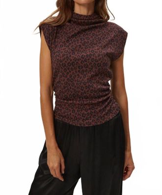 Michael Stars Amara Mock Neck Power Shoulder Top In Espresso Leopard