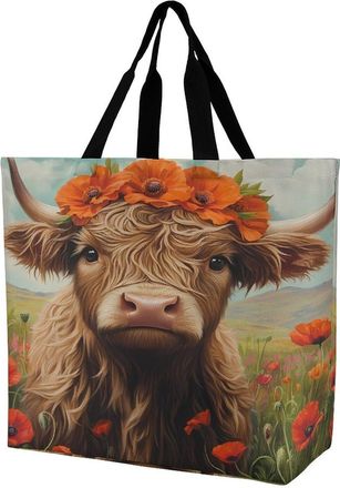 Generic Cute Highland Cow Large Reusable Shopping Bag Lightweight Foldable Tote Bags Washable Shoulder Handbag