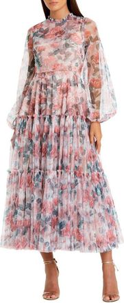 Mac Duggal Long Sleeve High Neck Long Balloon Sleeve Midi Dress in White Multi at Nordstrom, Size 14