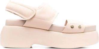 AGL Beige Leather Puffy Velcro Wedge Sandals