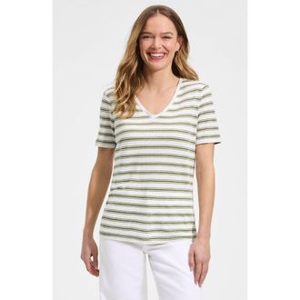 Lands End Short Sleeve Linen Blend V-Neck Tee in Ivory/artichoke Rail Stripe at Nordstrom, Size X-Large