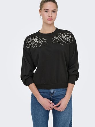 Only Sweatshirt ONLY ONLBROOKE L/S O-NECK DETAIL SWT NOOS, Damen, Gr. XL, schwarz (schwarz detail:ecru draw flower), Sweatware, Obermaterial: 60% Baumwolle