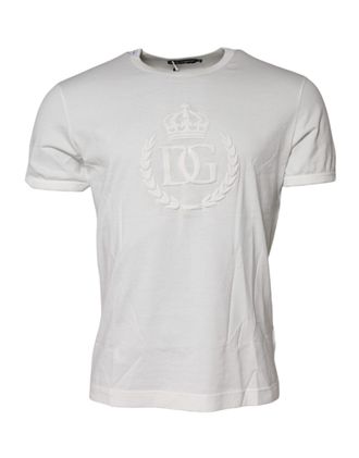 Dolce & Gabbana White Cotton DG Crown Embossed Mens T-shirt