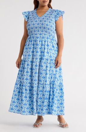 Sugarlips Sunfire Geo Floral Print Cotton Maxi Dress in Blue/white at Nordstrom, Size 2X