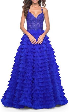 La Femme Ruffle Tulle Gown with Illusion Lace Bodice in Royal Blue at Nordstrom, Size 6