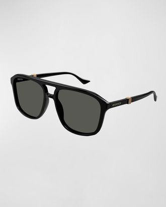 Gucci Mens Double-Bridge Acetate Aviator Sunglasses