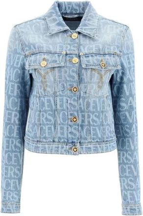 Versace Logo-Printed Denim Jacket - Dames - Spijkerjassen - Blauw - M - Denim - Jassen