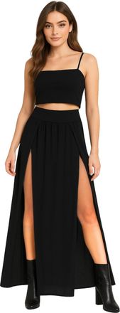 Janisramone Womens High Waisted Double Split Skirt, Plain Stretchy Summer Maxi Skirt, Stylish Long Skirts for Women UK, Side Slit Party Wear Black Skirts