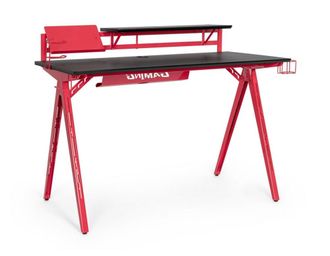 Konte Design Mesa de juego de madera y pvc negro, base de acero rojo, 135,5x60 cm