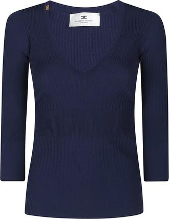 Elisabetta Franchi Ribgebreide top met V-hals - Dames - V-hals truien - Blauw - XS - Truien & Vesten