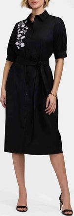 Foxcroft Esther Belted Floral Embroidered Cotton Blend Shirtdress in Black/White at Nordstrom, Size X-Small