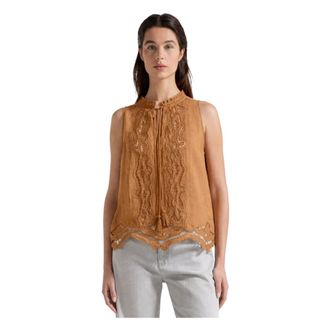 Seventy Blouses, female, Brown, Size: XS Top smanicato in rami&egrave; ricamato e scollo a V con laccetti e nappine