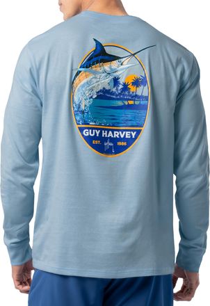 Guy Harvey Mens Long Sleeve Lightweight Cotton Fishing Graphic T-Shirt, Clear Sky/Blue Hawaiian, XL