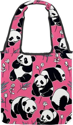 Generic Cute Panda on Pink Reversible Canvas Shoulder Tote - Double-Sided Print, 12oz Cotton, 27cm Drop, Fold-Flat Bag for Travel, Shopping, Street Outings