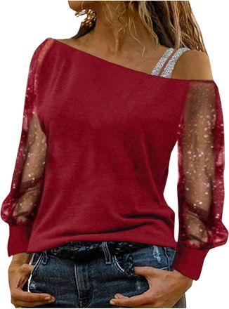 Generic Womens Lace Top Long Sleeve, Off Shoulder Top with Thin Straps, Sexy Sequins Top Fashion Tunic Shirt Solid Colour Tulle Autumn Clothing Womens Fashion