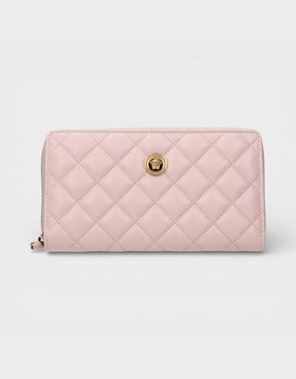 Versace Womens Zip Around Wallet Quilted Lamb Leather Pink