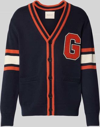 GANT Strickjacke mit V-Ausschnitt und Eingrifftaschen in Dunkelblau, Größe XXXL