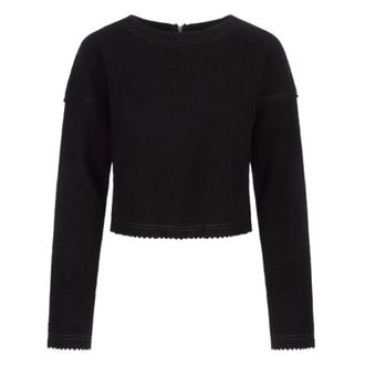 Max Mara Zwarte Crop Sweater met Zig-Zag Details - Dames - Ronde hals truien - Zwart - L - Wol - Truien & Vesten