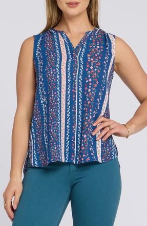 NYDJ Print Pleat Back Sleeveless Split Neck Blouse in Floral Ribbons at Nordstrom, Size Xx-Small