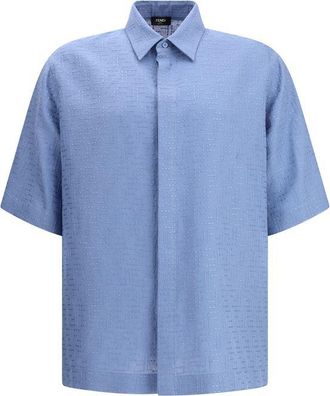 Fendi Light Blue Linen Shortsleeve Mens Shirt