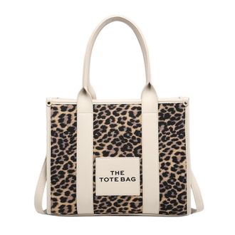 Generic THE TOTE BAG Leopard Print Canvas Handbag, Black Leather Trim, Designer Shopping Tote with Shoulder Straps (Beige)