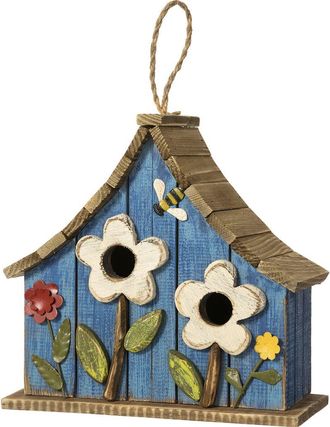 Glitzhome Distressed Solid Wood Birdhouse with 3D Flowers in Blue at Nordstrom, Size Medium