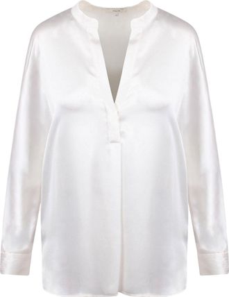 Vince Silk V-Neck Blouse with Mandarin Collar and Adjustable Cuffs