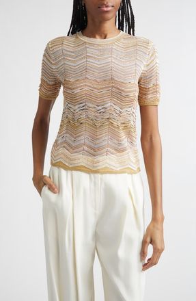 Missoni Zigzag Metallic Sequin Short Sleeve Crewneck Sweater in Light Gold Tones at Nordstrom, Size 4 Us