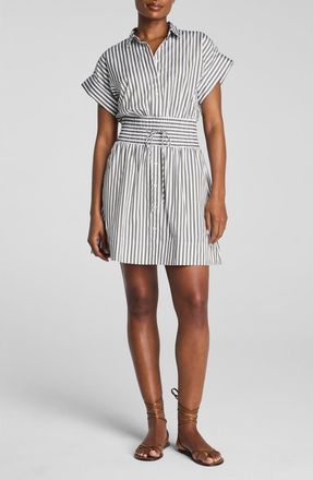 Spanx Smocked Striped Supima Cotton Mini Shirtdress in Frosted Moss/classic White at Nordstrom, Size 2X