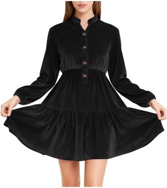 Generic Velvet Dress Women A-Line Long Sleeve Dresses for Women V Neck Button UP Swing Flared Mini Dress Vintage Elegant Tea Party Cocktail Dresses Knee Lengt