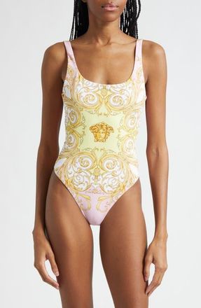 Versace Medusa Barocco Print One-Piece Swimsuit in Pale Yellow Rose Quartz at Nordstrom, Size 5