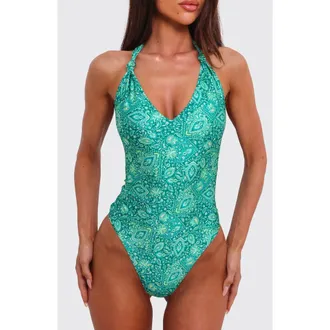 Kulani Kinis Halter One-Piece Swimsuit in Emerald Aura at Nordstrom, Size X-Large