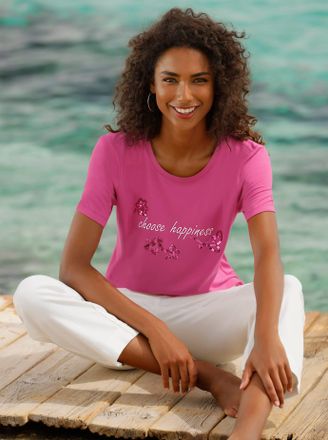 Heine Kurzarmshirt HEINE Shirt, Damen, Gr. 34, fuchsia, 95% Viskose, 5% Elasthan, bedruckt, gebl&uuml;mt, gemustert, mehrfarbig, unifarben, Rundhals, Shirts Kurz