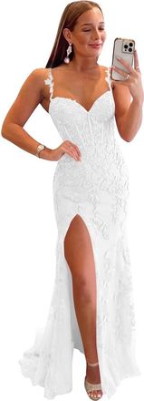 Generic Womens Lace Applique Evening Dresses Mermaid Tulle Long Prom Gowns Spaghetti Strap Backless Party Dress White
