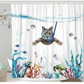 OEM Cortina De Ducha De 180 X 180 Cm Con Estampado De Gato Buceador Y Oc&eacute;ano, Impermeable, Lavable, Antideslizante, De Poli&eacute;ster De Secado R&aacute;pido, Accesor