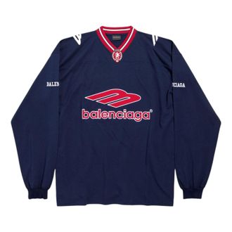 Balenciaga 3B Football Long Sleeve V-neck T-shirt Dark Navy Red 857085TTVQ64030