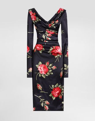 Dolce & Gabbana Rose Bouquet-print Draped Satin Dress - Woman Dresses Multicolor 50