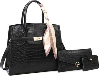 Generic Women Top Handle Crossbody Bag Crocodile Pattern Leather Purse Handbag Ladies Satchel Totes with Clutch 3PCS Set (Black)