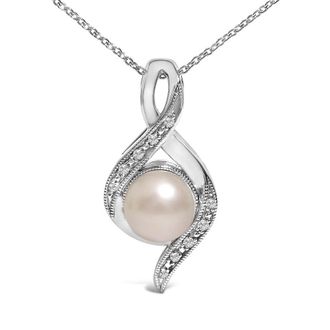 House of Brilliance Sterling Silver 7mm Cultured Pearl and Diamond Accent Swirl Pendant Necklace