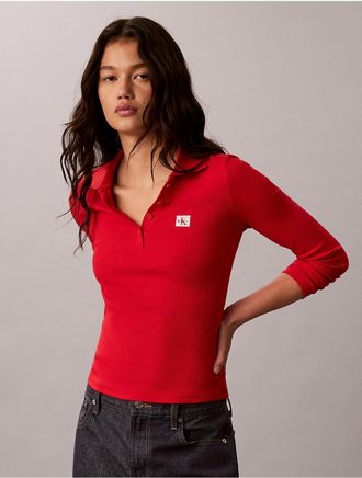 Calvin Klein Jeans Calvin Klein Womens Woven Monologo Long Sleeve Polo Shirt - Red - XL