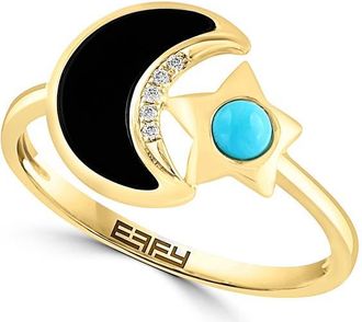 Effy Onyx Turquoise Diamond Crescent Moon & Star Ring - 0.01ct. in Yellow Gold Multi at Nordstrom Rack, Size 7