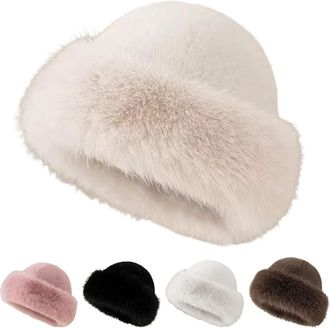 Generic Womens Winter Faux Fur Bucket Hat, Fluffy Furry Warm Hat, Soft Plush Fisherman Cap for Cold Weather (Beige)