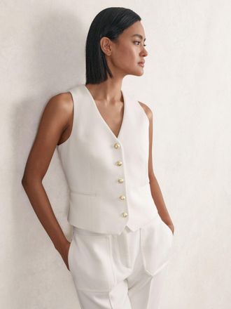 Reiss White Single-breasted Twill Waistcoat With Wool, 14