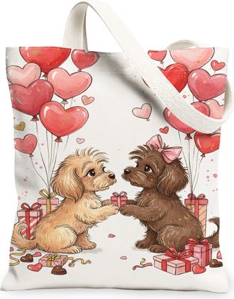 Generic Cute Dogs Canvas Tote Bags, Adorable Animal Love Pattern Reusable Grocery Bags, ValentineS Day Lightweight Washable Should, White, 13x15 Inch