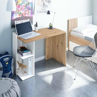 Dmora Escritorio Tucson, Escritorio Reversible Multiposici&oacute;n, Mesa De Estudio U Oficina Para Pc Con Balda Y Baldas, Cm 100x52h78, Nudos Blancos Y Roble, Con