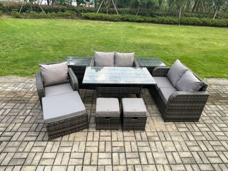 Fimous Lounge Rattan Sofa Set Outdoor Garden Furniture Oblong Rectangular Dining Table With Chairs 3 Footstools 2 Side Tables 8 Seater in Dark Grey
